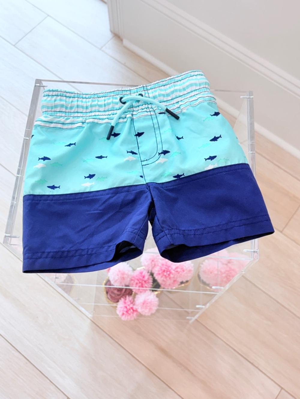 Cat & Jack Light Blue and Navy Shark Swim Trunks